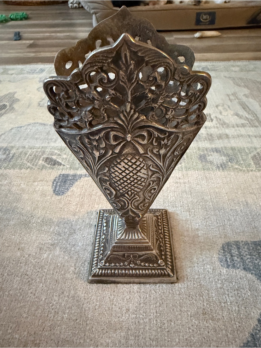 Ornate Decorative Metal Vase / Pedestal Accent - Antique-Style